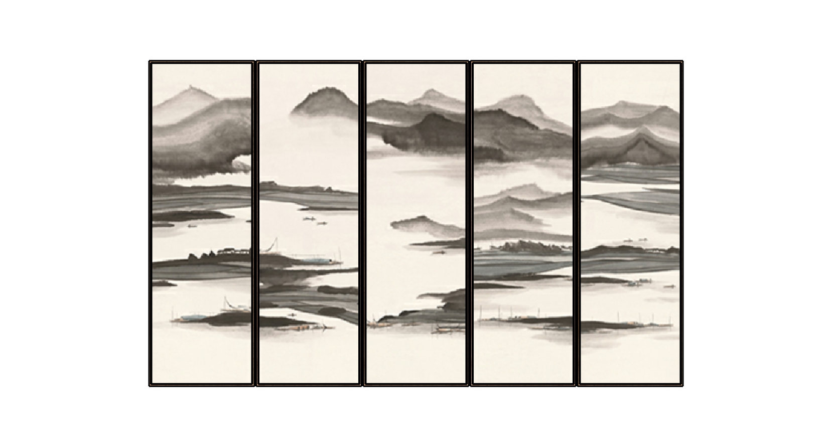 (5)新中式抽象山水屏风背景装饰挂画sketchup草图模型下载(1)