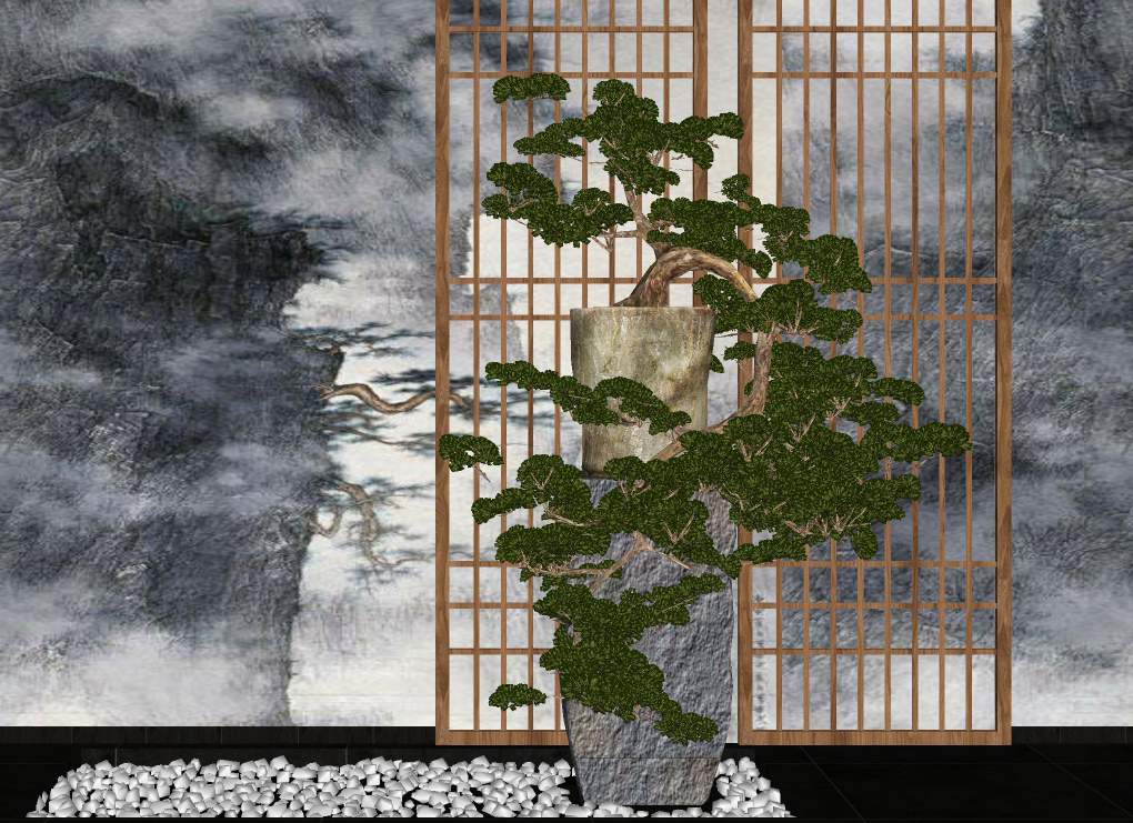 (3)中式盆景迎客松盆栽鹅卵石摆台sketchup草图模型下载(1)