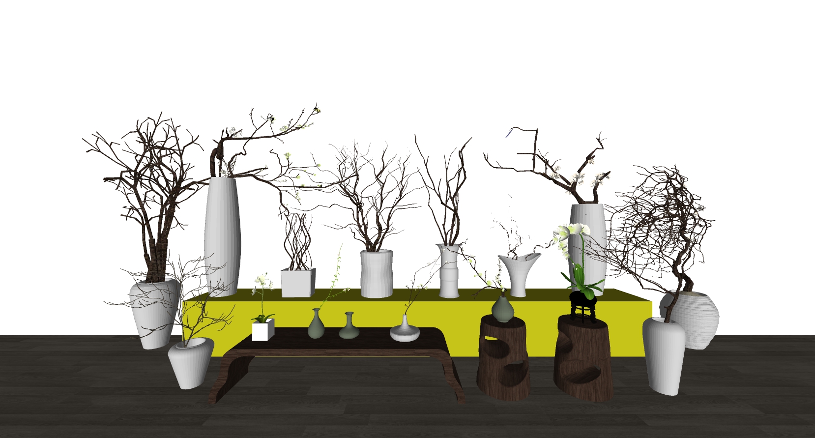 (18)新中式干枝花瓶树枝陶罐sketchup草图模型下载