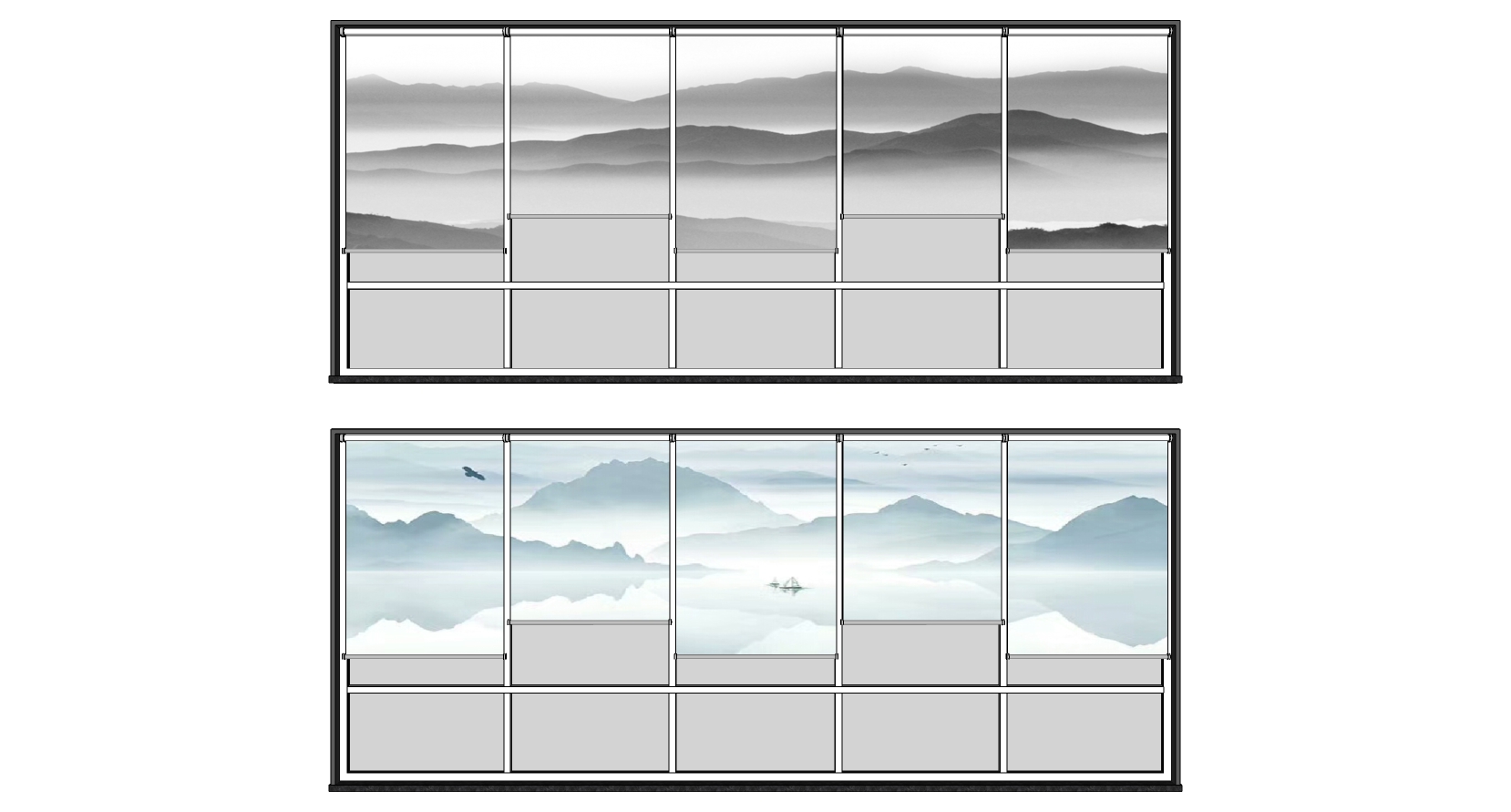 03新中式山水山脉图案画窗帘卷帘遮光窗帘sketchup草图模型下载