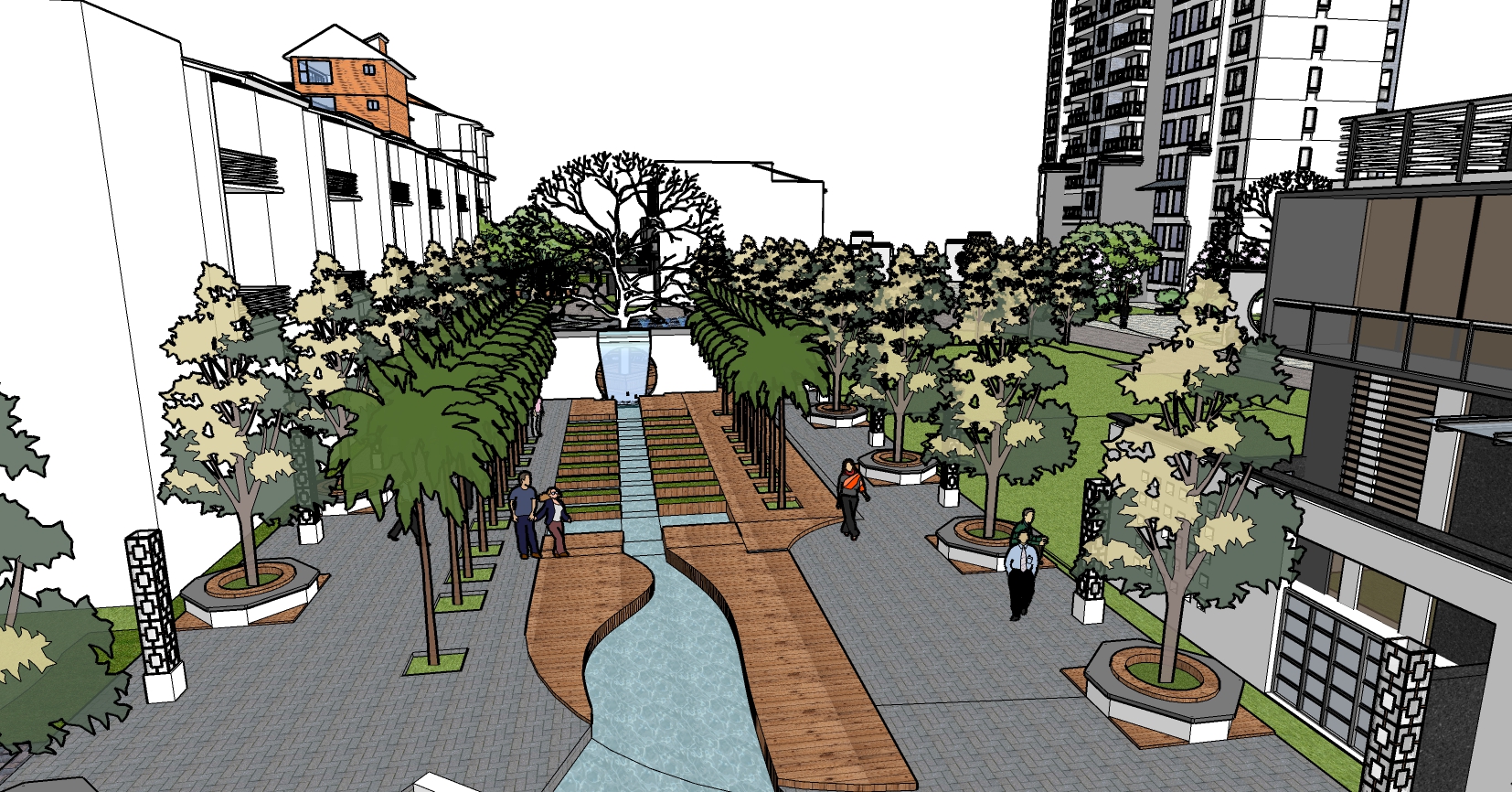 200中式住宅小区景观街道水景观水系植物树 sketchup草图模型下载(1)