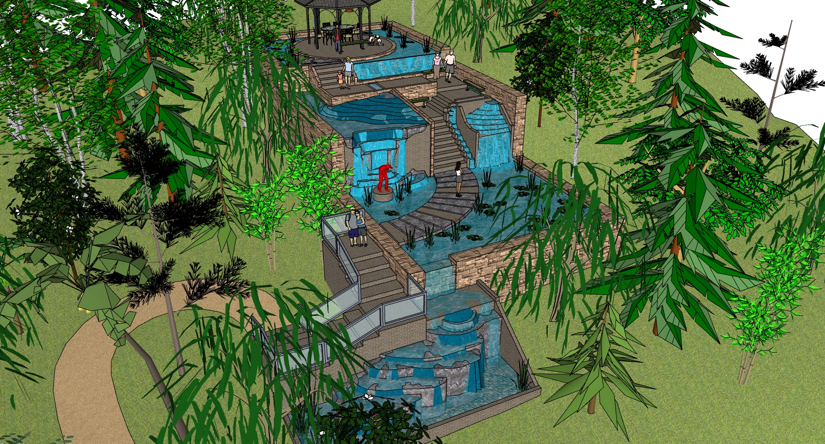 04中式六角凉亭景观水系叠水植物景观设计园林景观sketchup草图模型下载(1)