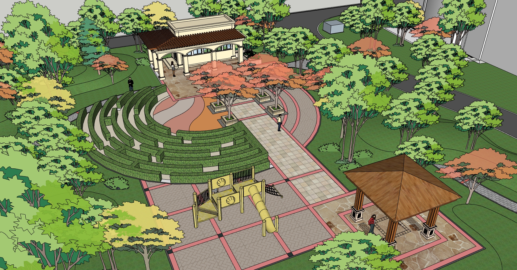 11小区景观规划凉亭长廊广场植物树园林景观sketchup草图模型下载(1)