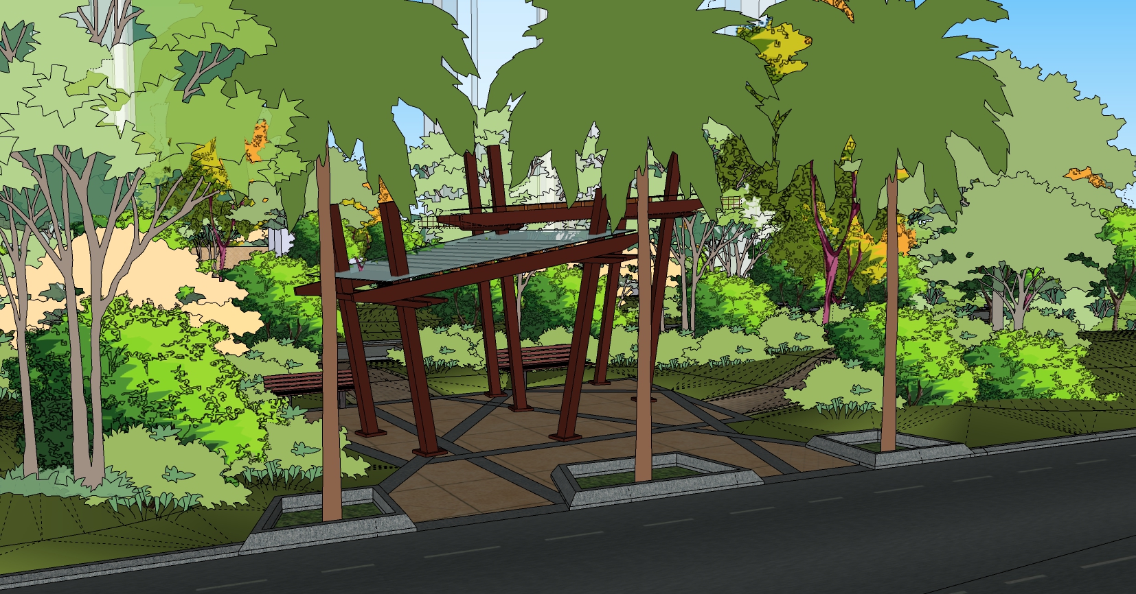 04现代景观凉亭植物景观设计树 sketchup草图模型下载(1)