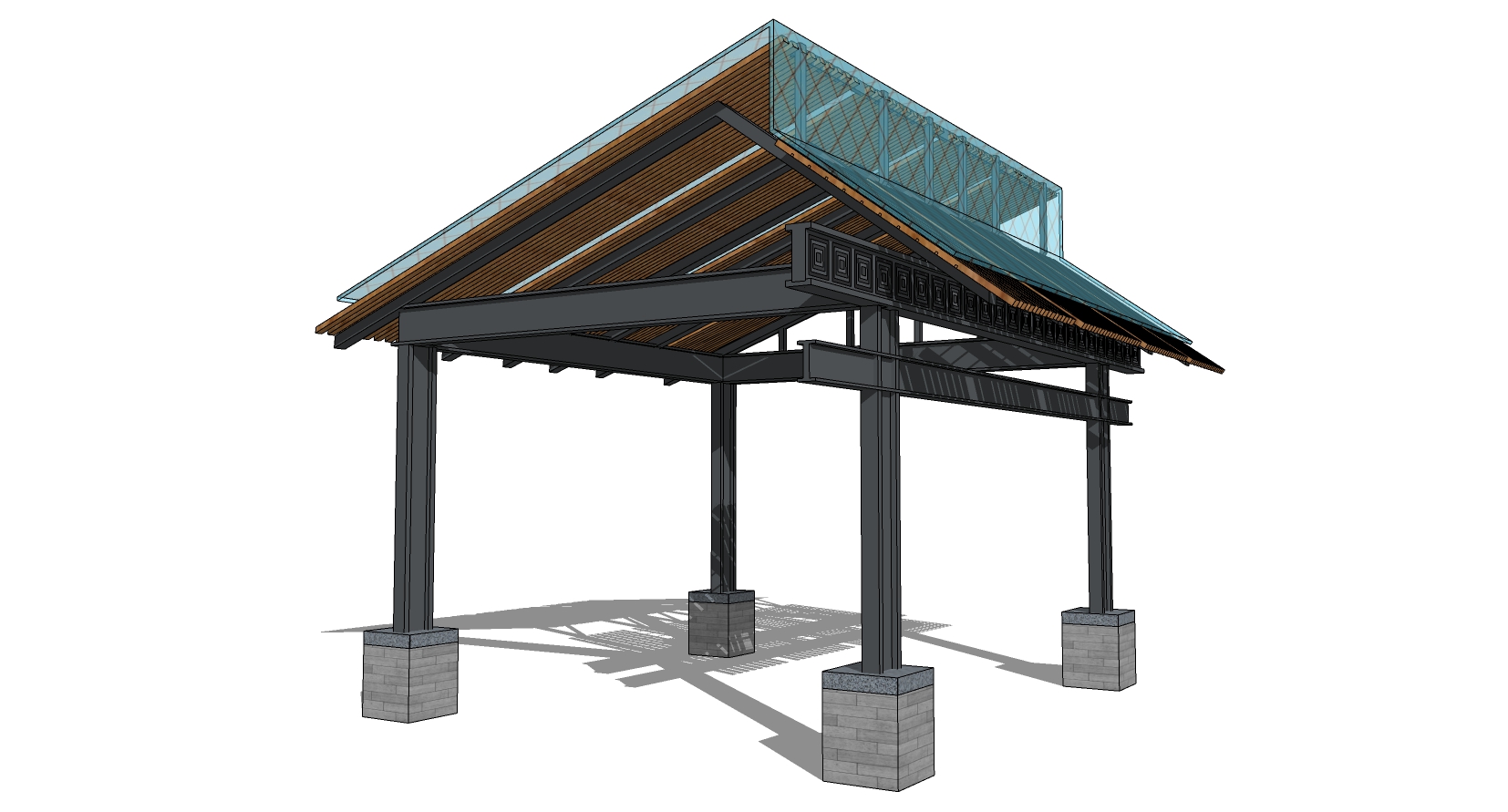 15新中式钢结构玻璃凉亭亭子车棚sketchup草图模型下载(1)