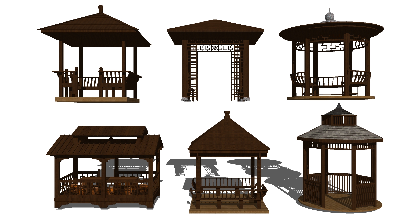 中式方形圆形凉亭组合sketchup草图模型下载