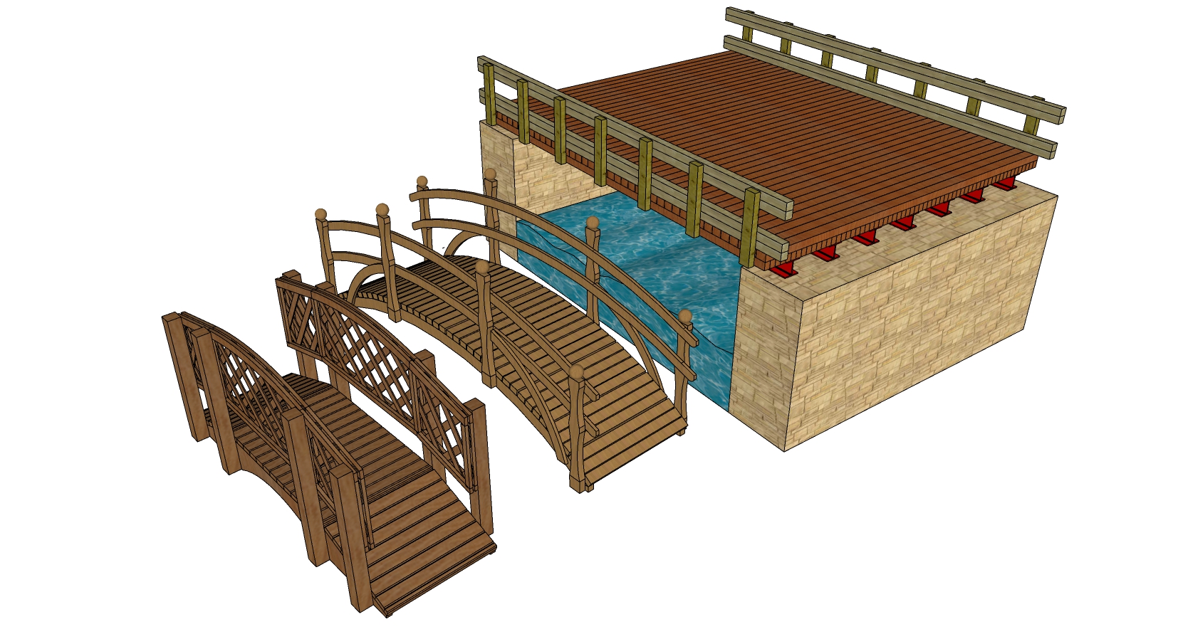 201中式园林景观桥小木桥木拱桥sketchup草图模型下载(1)