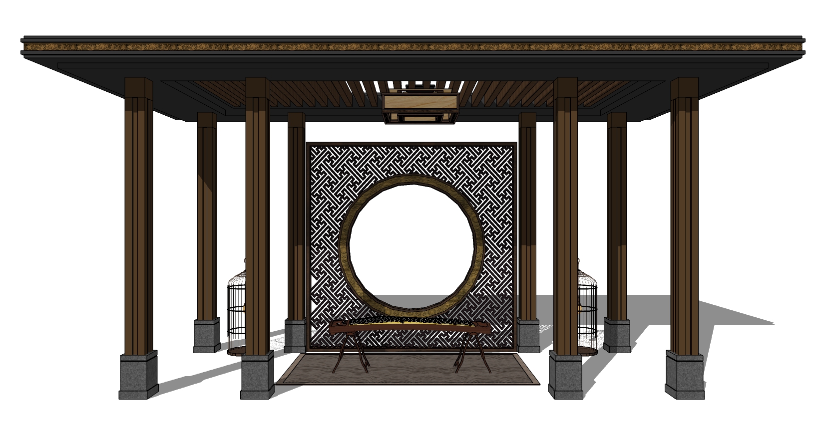 6新中式景观凉亭亭子花格古筝sketchup草图模型下载