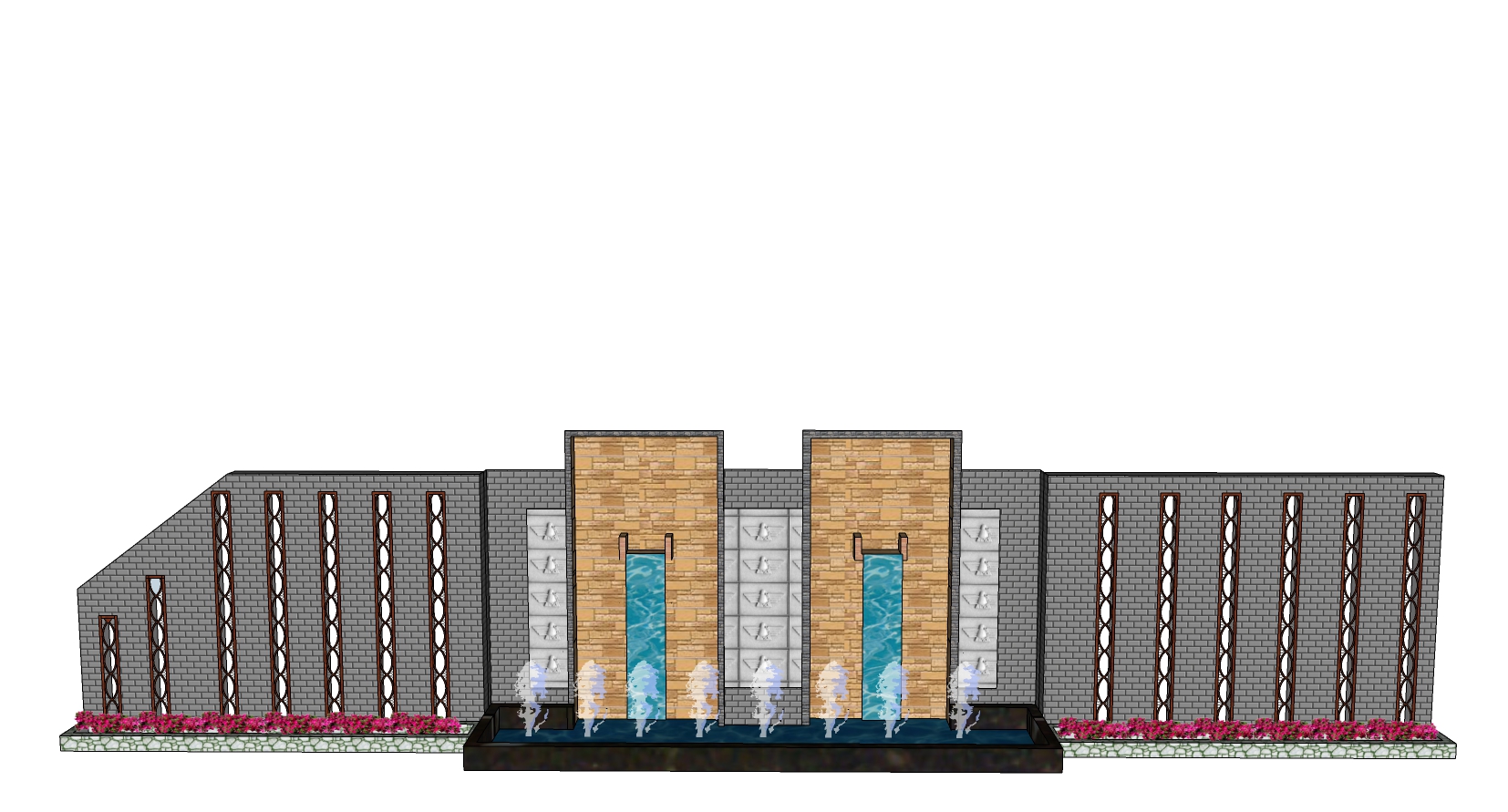 中式景观背景墙水景喷泉sketchup草图模型下载(1)
