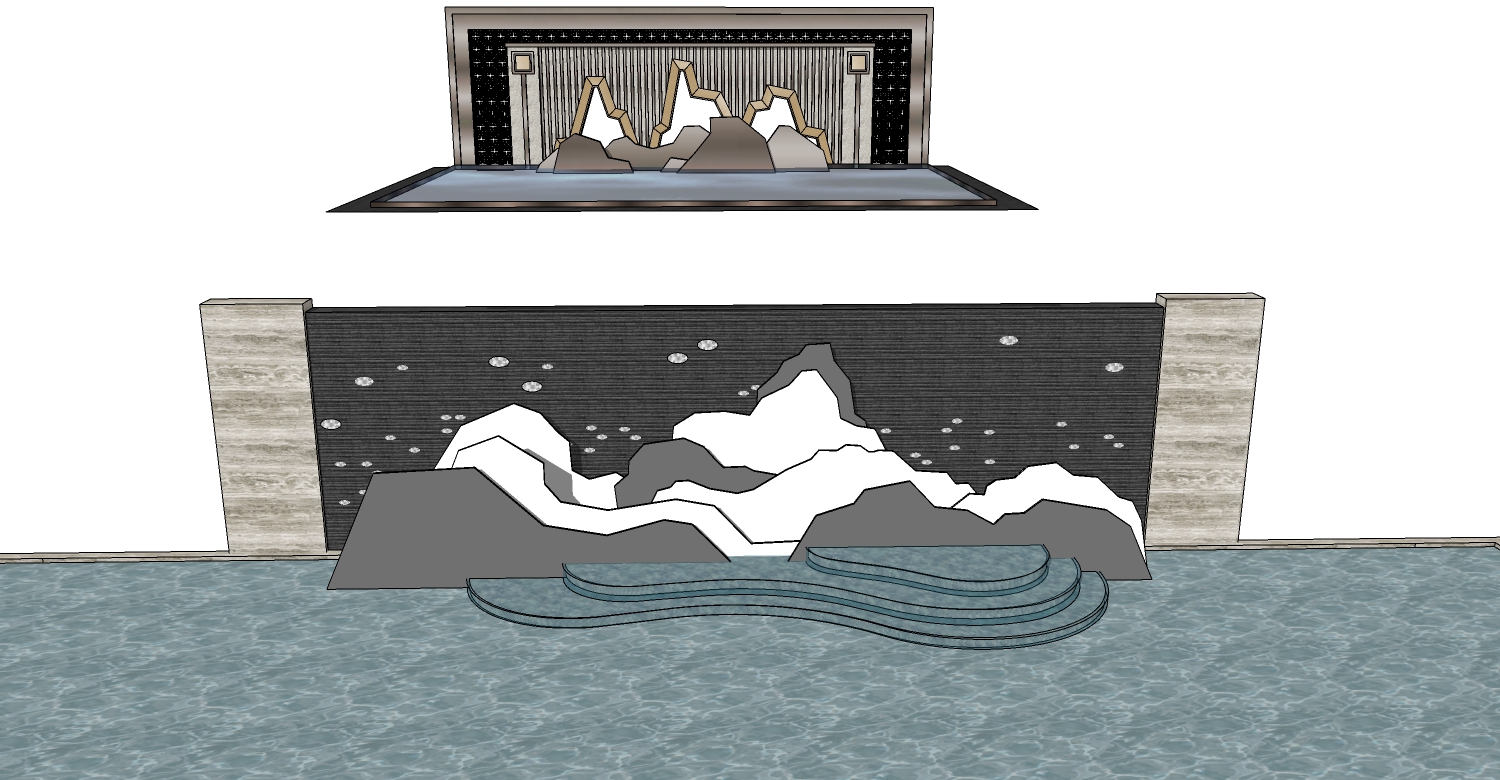 新中式拟山水山脉景墙景观石头片石线条水景背景墙 a (1)