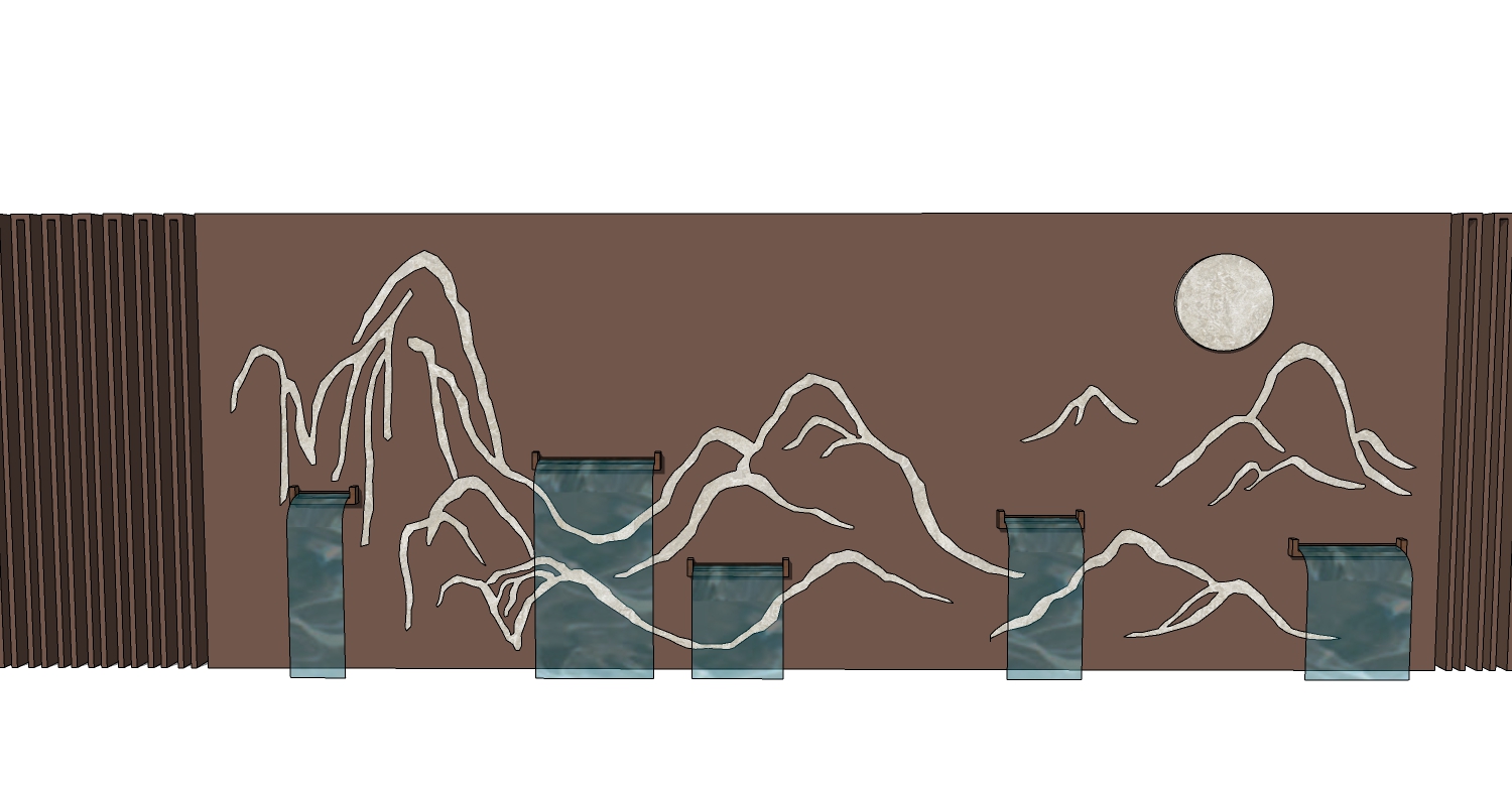 新中式镂空山脉山峰铁板雕刻水景背景墙