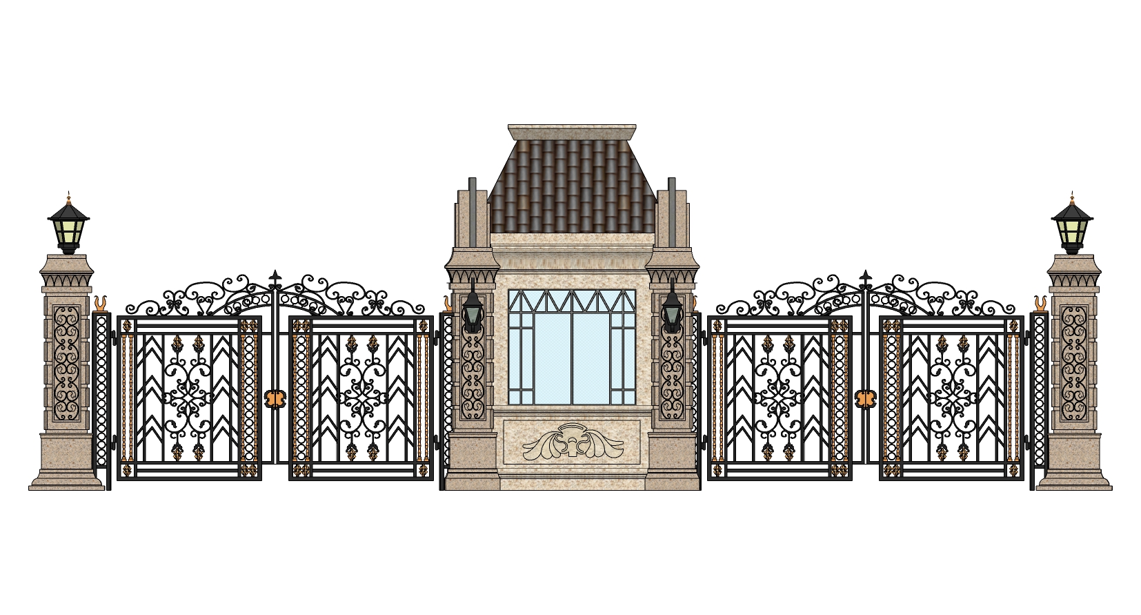 08欧式住宅小区雕花铁艺入口大门门楼岗亭sketchup草图模型下载(1)