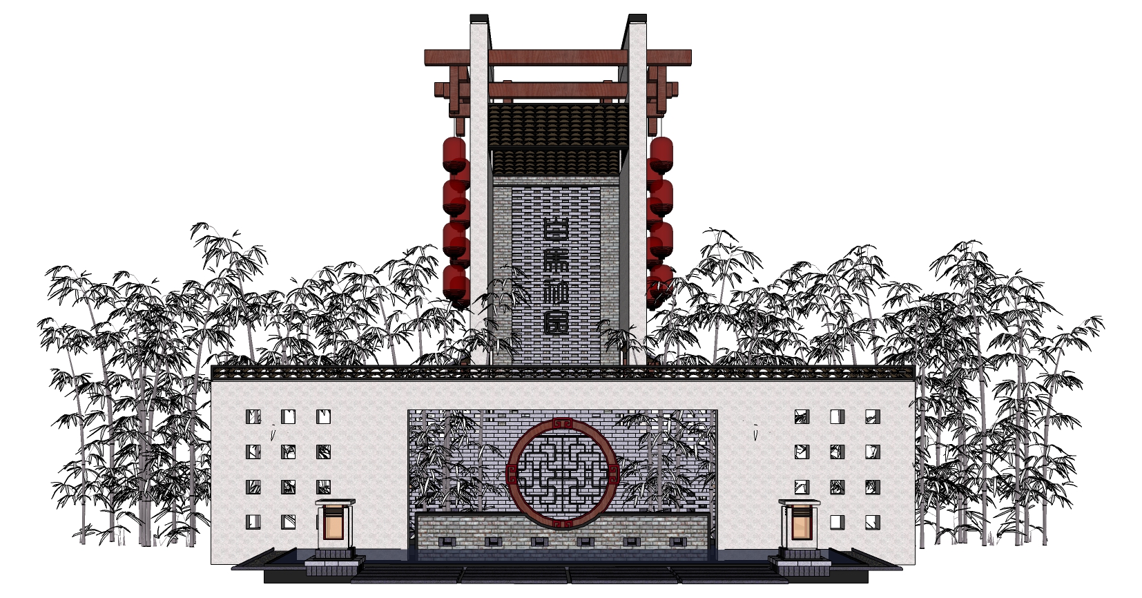 4中式大门景观背景墙水景花窗红灯笼竹子庭院灯门sketchup草图模型下载(1)