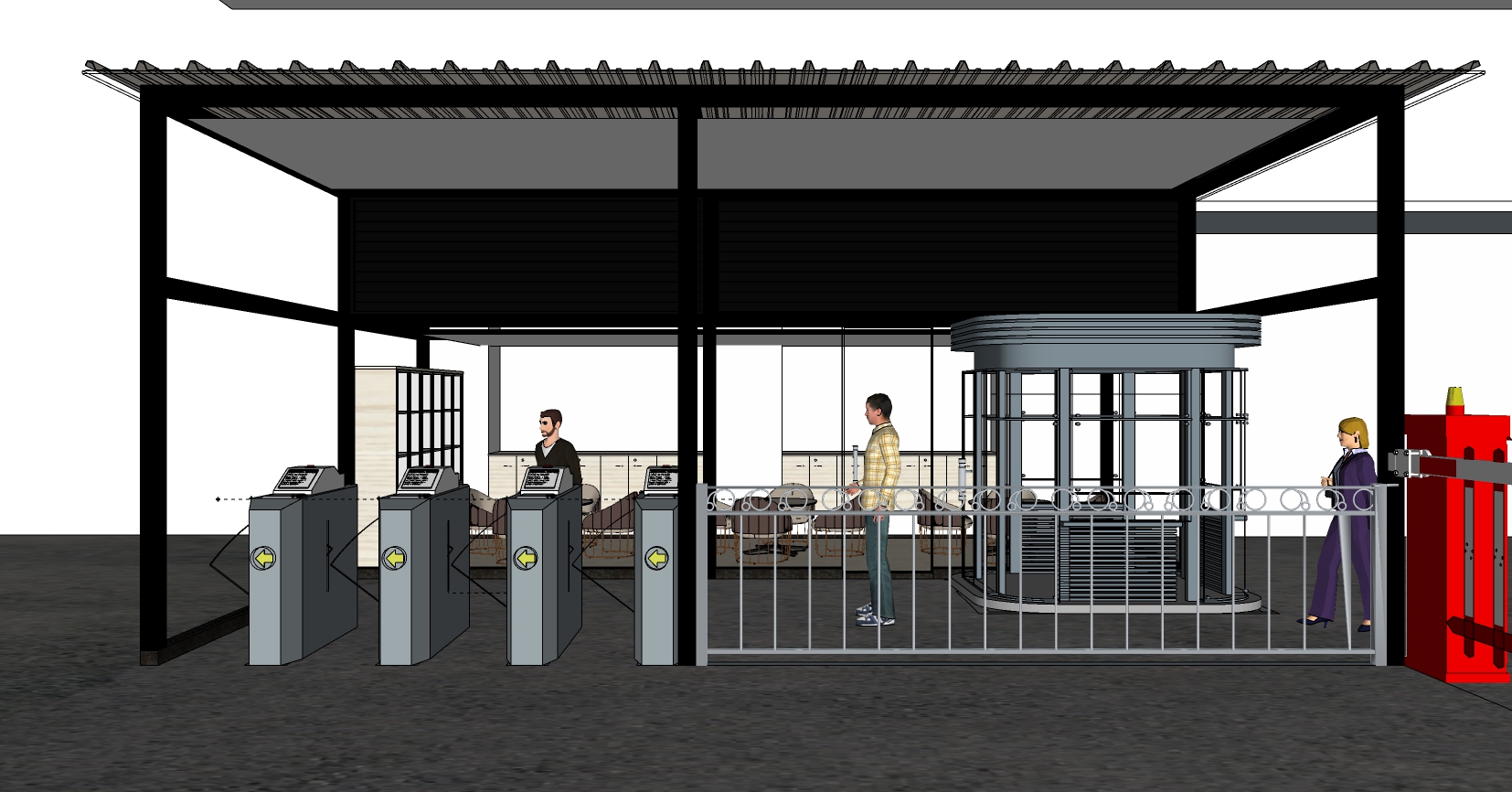 31安检入口道闸闸机伸缩门岗亭sketchup草图模型下载(1)