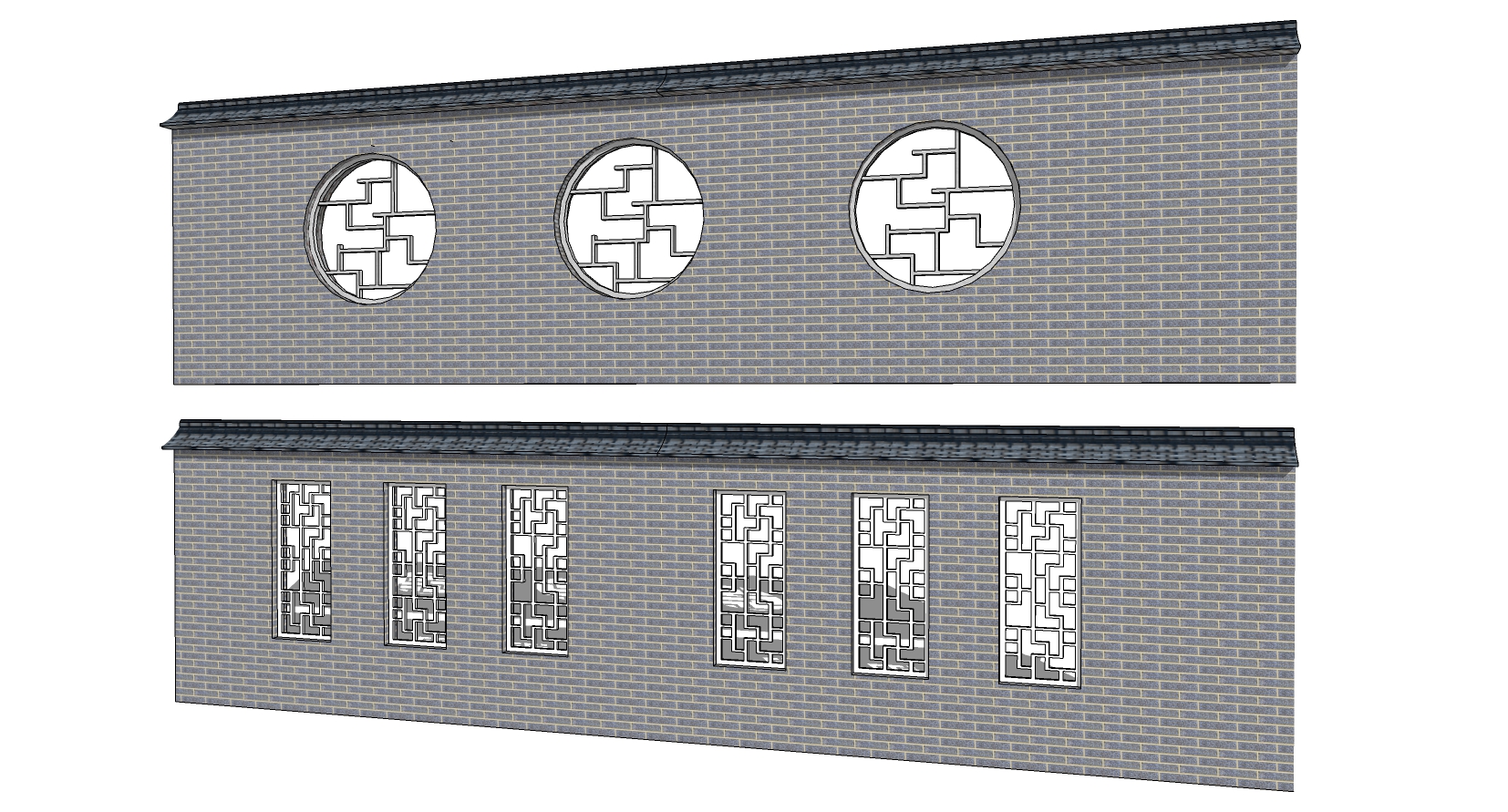 11中式庭院院墙影壁墙檐口景窗墙头花窗sketchup草图模型下载