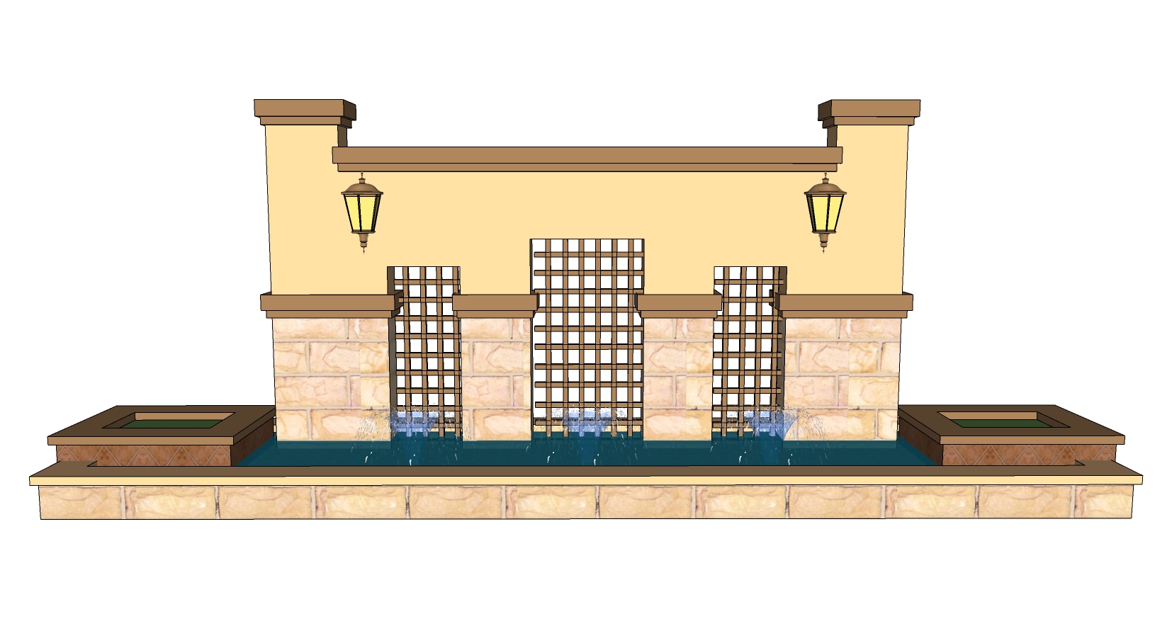 17新中式新亚洲喷泉水池景墙背景墙sketchup草图模型下载(1)