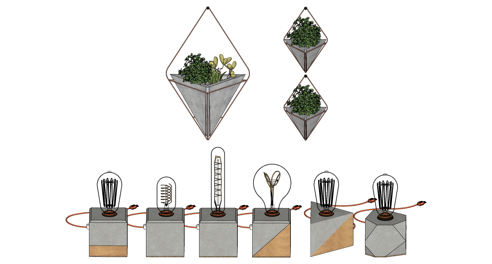 5现代石制台灯灯泡吊兰盆栽组合SketchUp草图模型下载