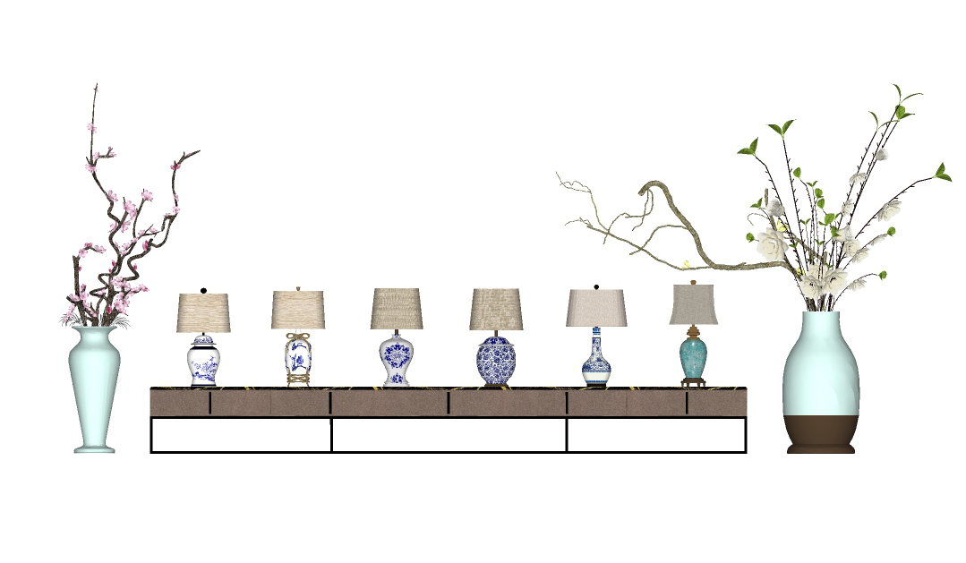 114新中式青花瓷台灯花瓶插花干枝摆件组合SketchUp草图模型下载
