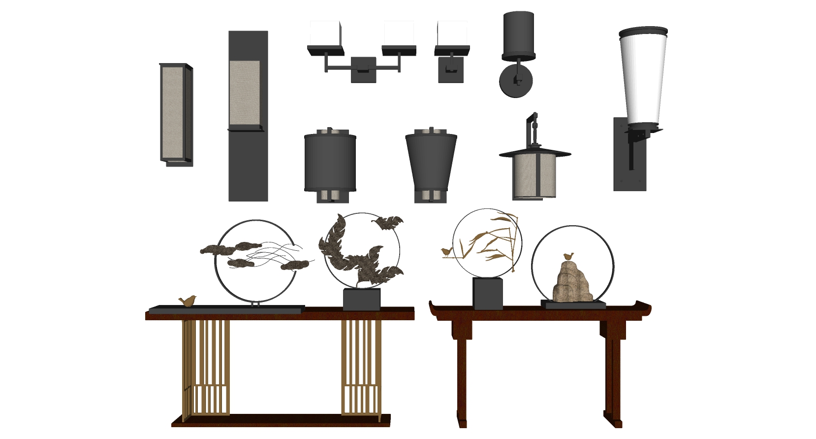 中式壁灯玄关端景条案摆件组合客厅卧室餐厅过道时尚创意壁灯装饰灯sketchup草图模型下载(1)