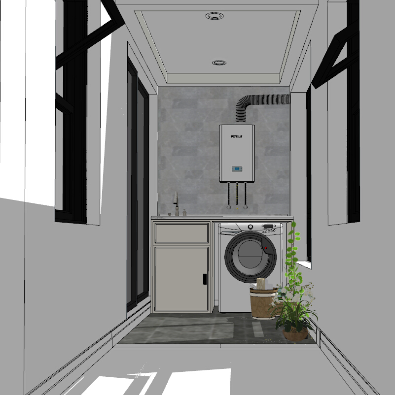 07现代北欧洗衣机洗手台花艺装饰洗手台生活阳台sketchup草图模型下载