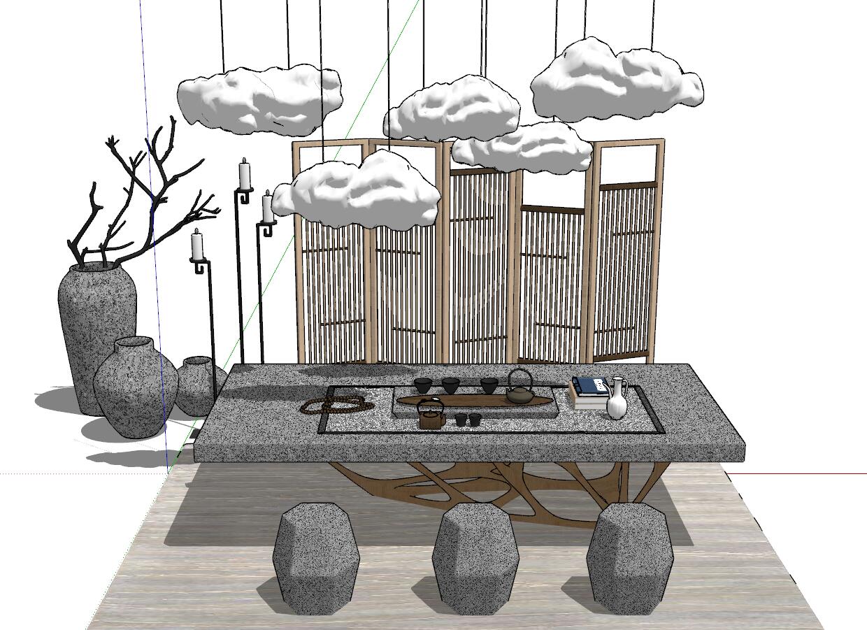 05新中式茶桌sketchup草图模型下载(1)