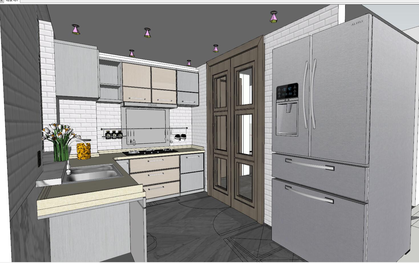 20现代北欧工业风L型厨房冰箱烤箱收纳柜花艺sketchup草图模型下载(1)