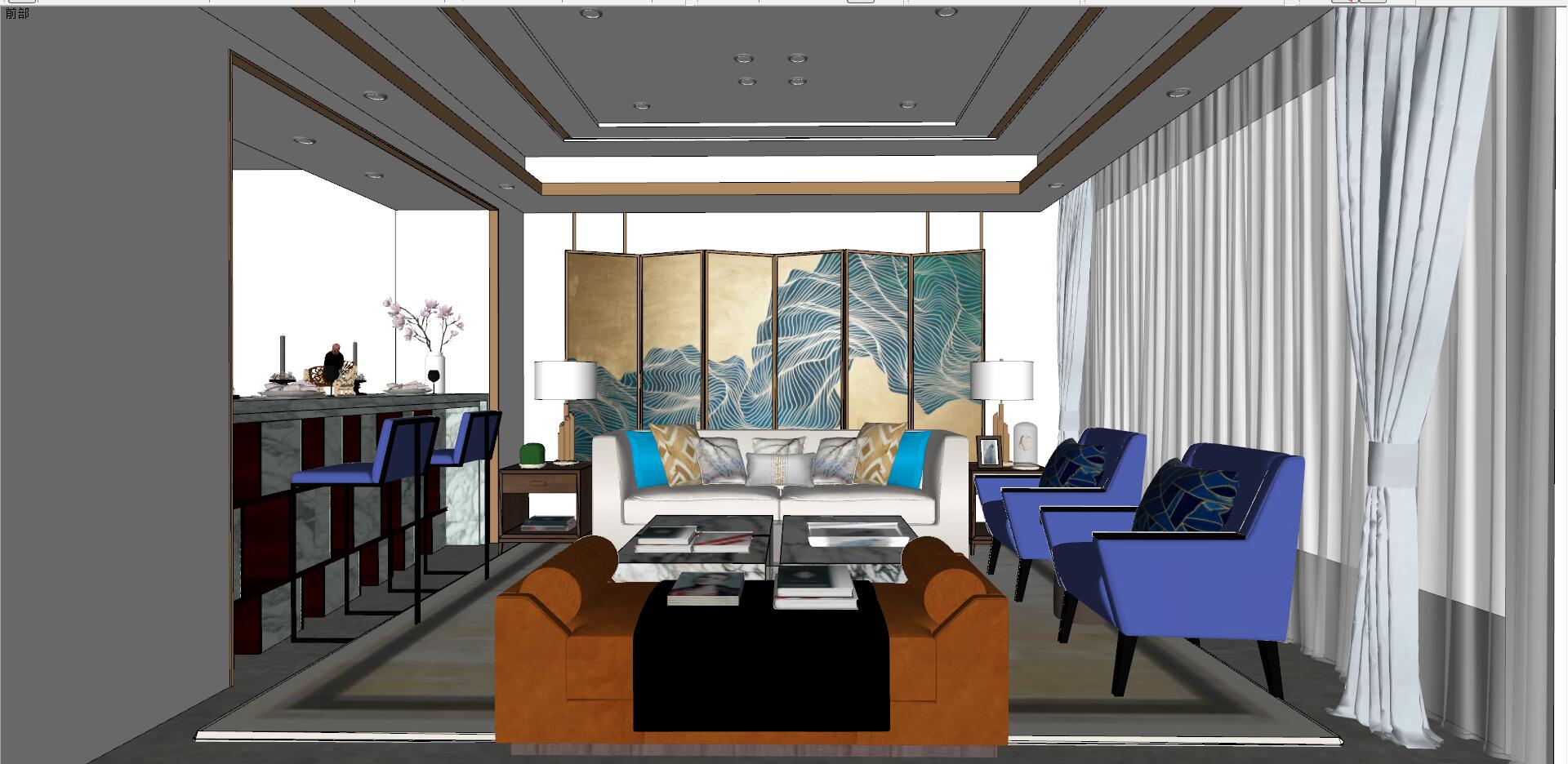 041后现代港式新中式新古典客厅sketchup草图模型下载