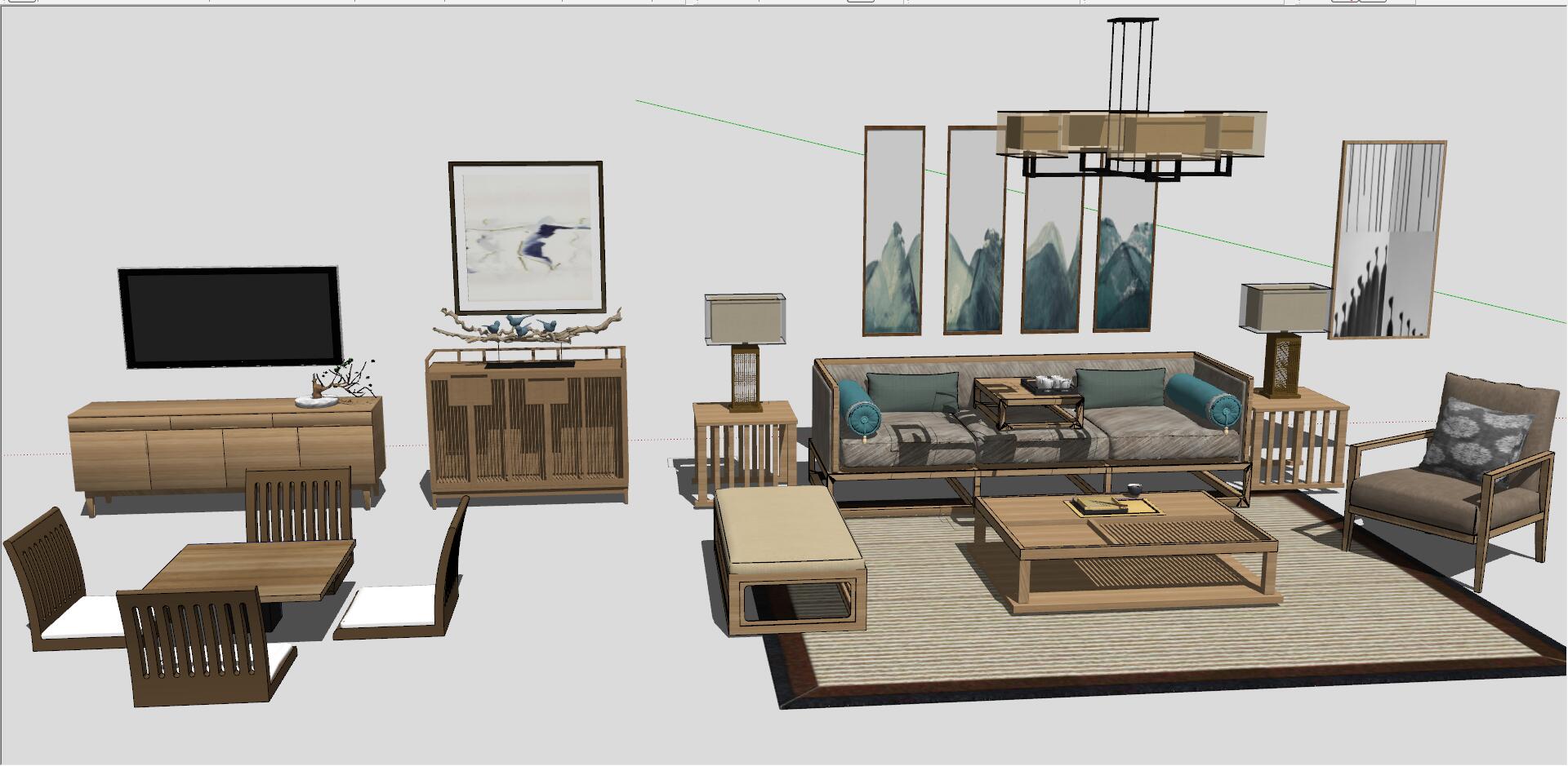 30新中式日式东南亚泰式风格客厅sketchup草图模型下载
