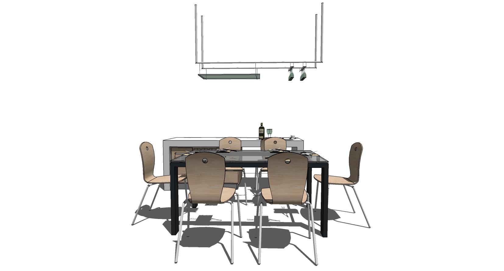 2现代餐桌椅厨房岛台酒架组合sketchup草图模型下载