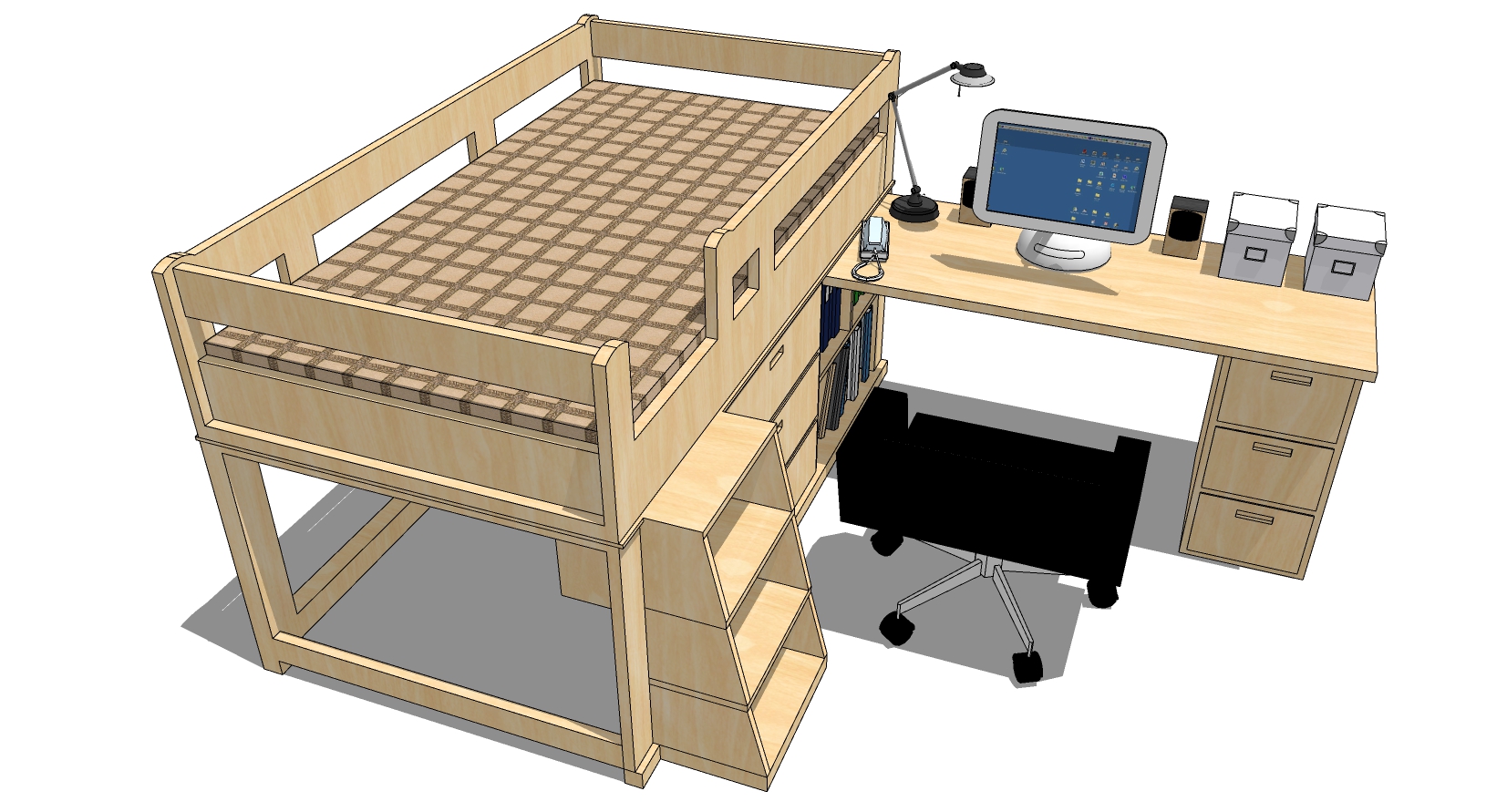 22现代学生宿舍实木上下铺床铺书桌椅电脑组合sketchup草图模型下载(1)