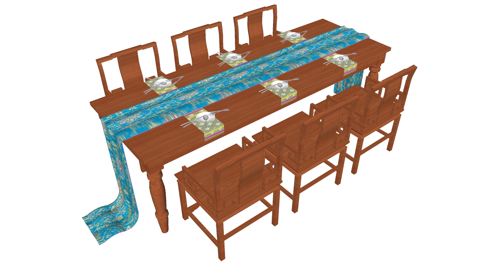 6中式古典实木餐桌椅组合sketchup草图模型下载