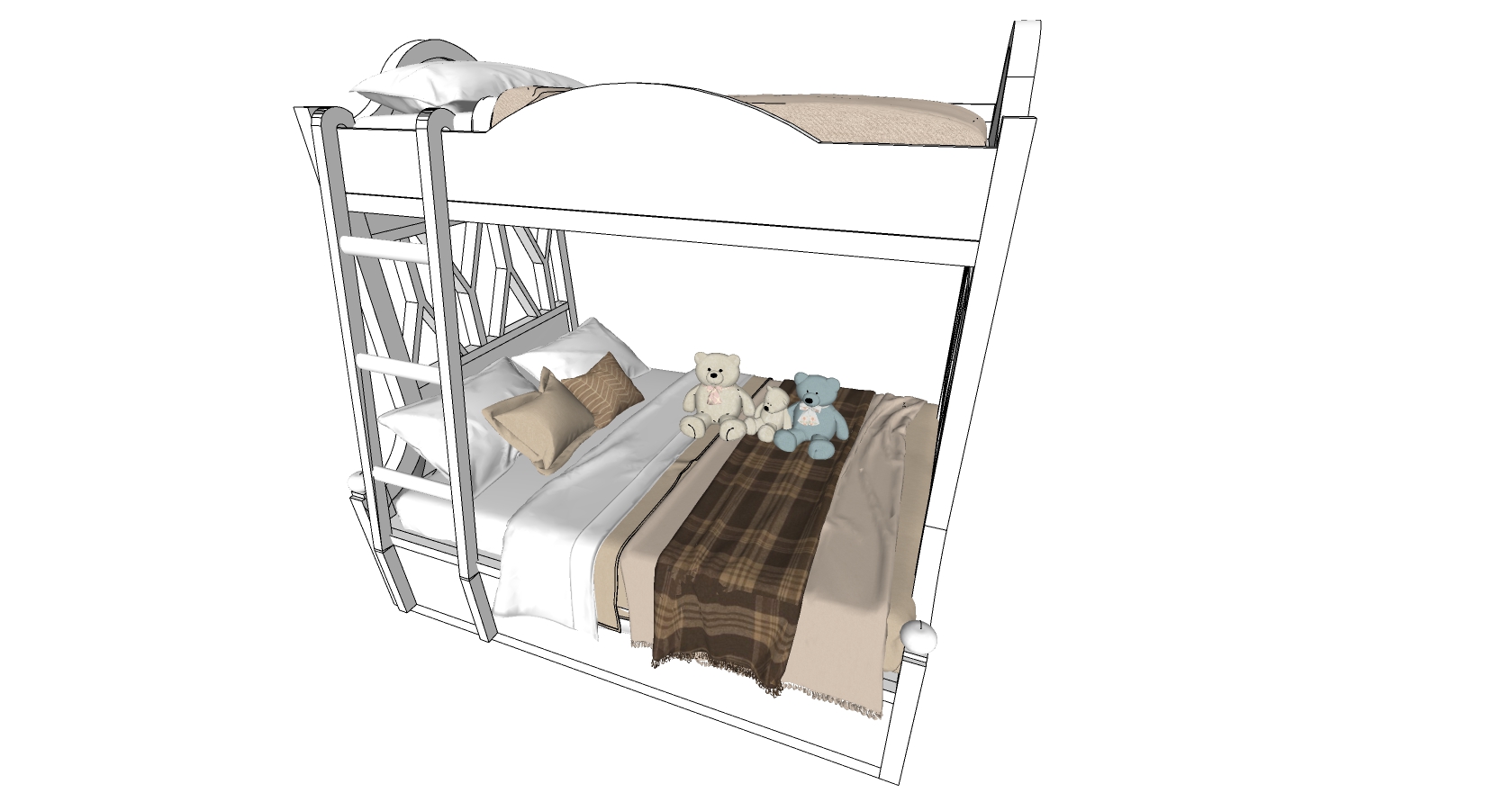 13现代北欧儿童房简约儿童床上下铺玩偶组合sketchup草图模型下载(1)