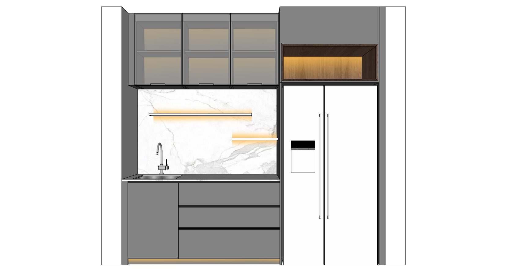 (6)现代厨柜仿大理石纹冰箱水槽组合橱柜水吧sketchup草图模型下载