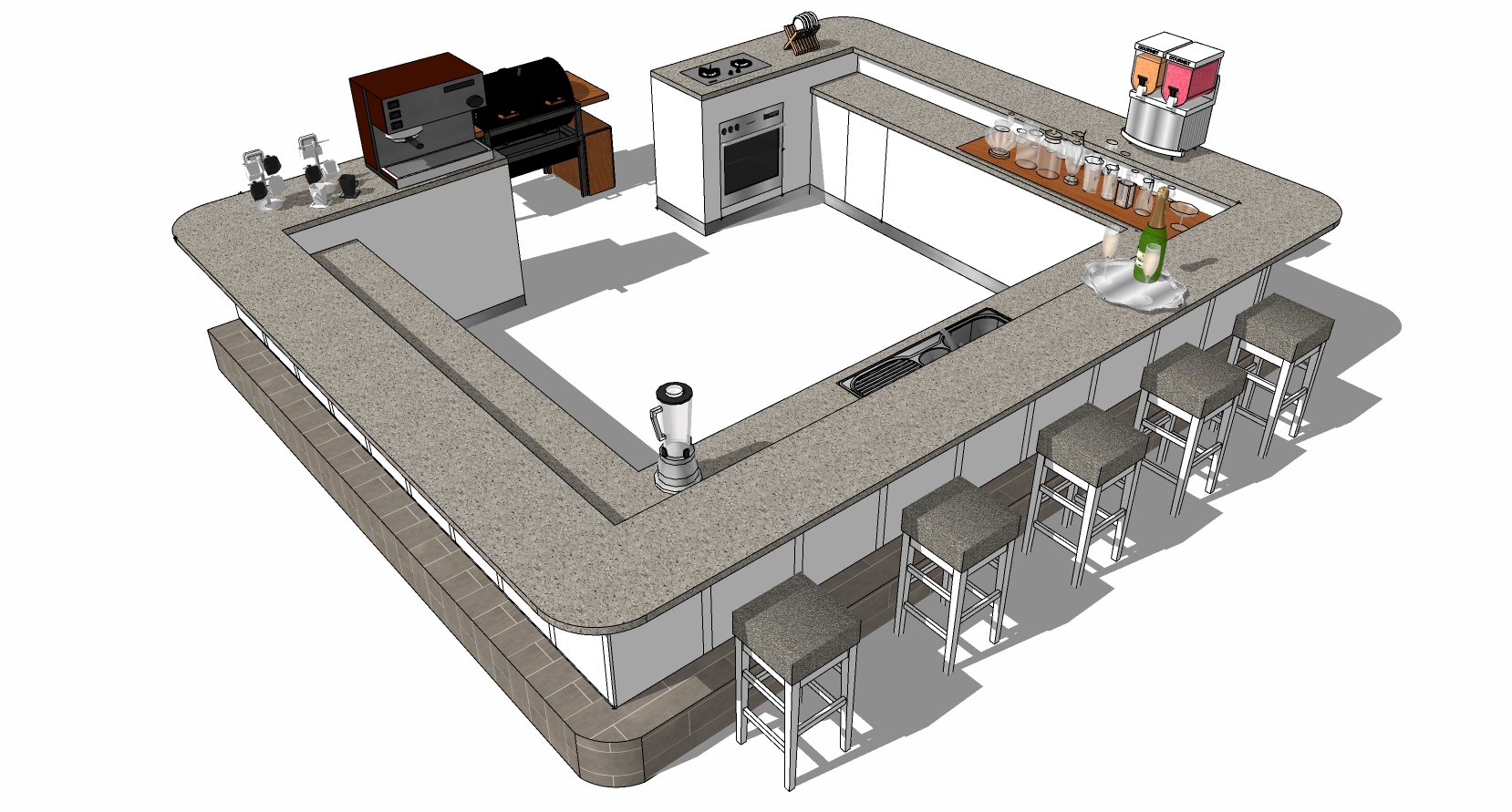 (7)现代水吧台咖啡厅台冷饮甜品店操作台吧台吧椅榨汁机组合sketchup草图模型下载