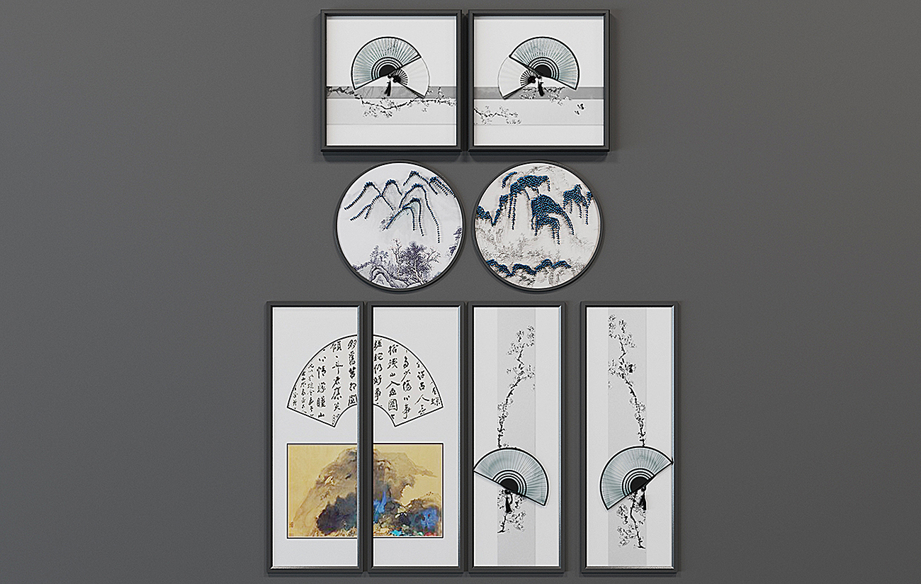 H21-0108新中式挂画组合sketchup草图模型下载(1)