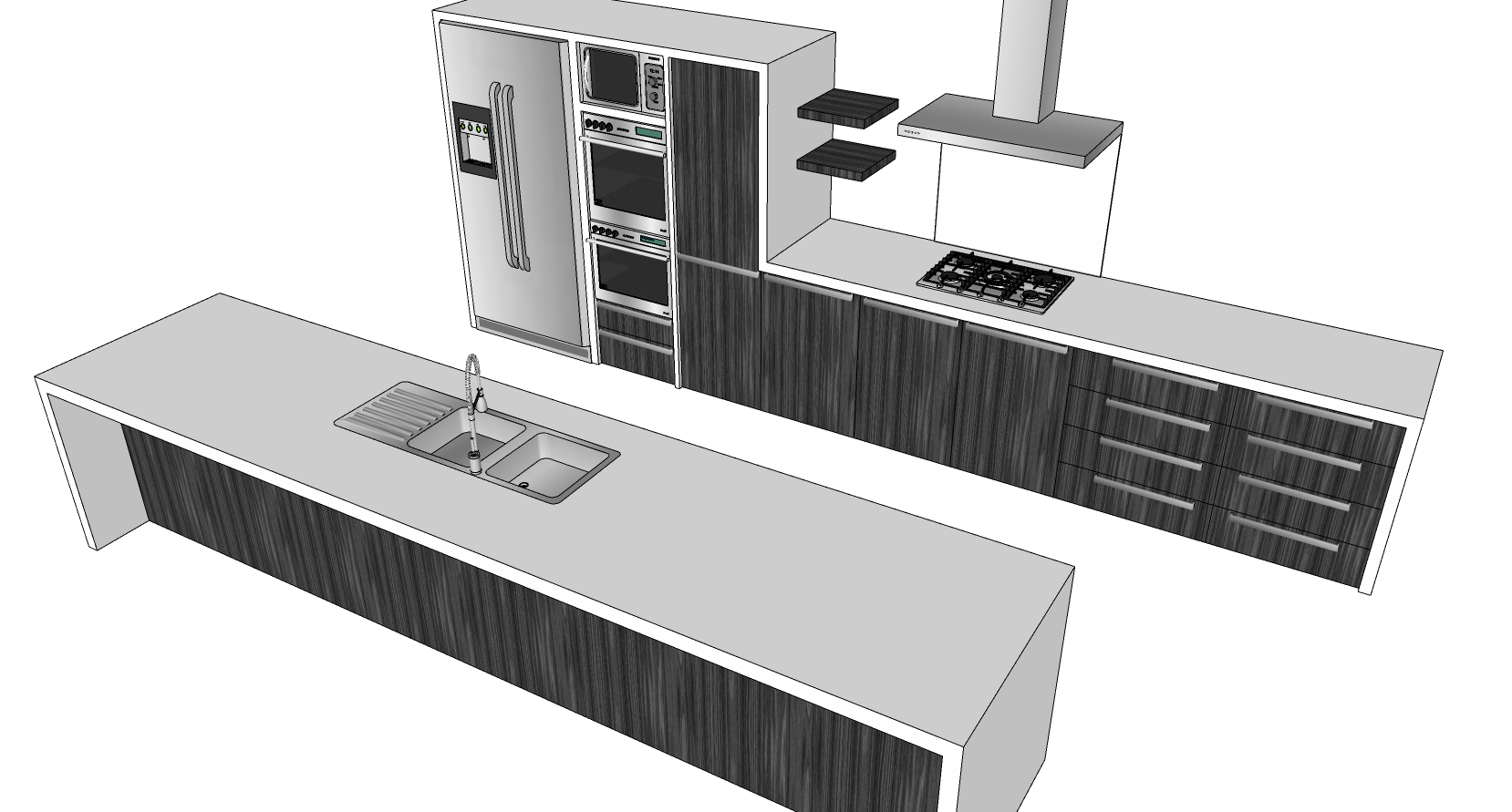 (20)现代简约橱柜厨房用具水槽冰箱吸油烟机烤箱微波炉燃气灶组合中岛岛台sketchup草图模型下载