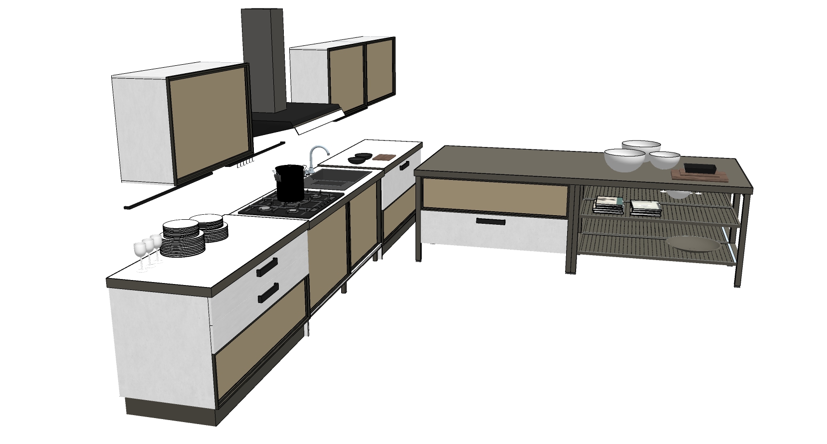 (4)现代简约橱柜厨房用具吸油烟机燃气灶水槽组合sketchup草图模型下载