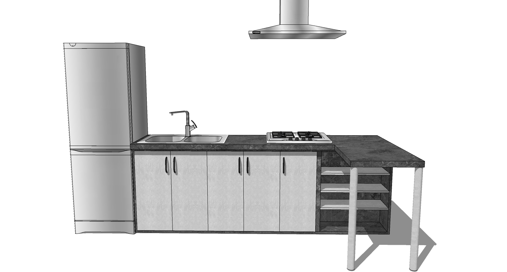 (8)现代厨房橱柜吸油烟机水槽冰箱吧台组合sketchup草图模型下载(1)