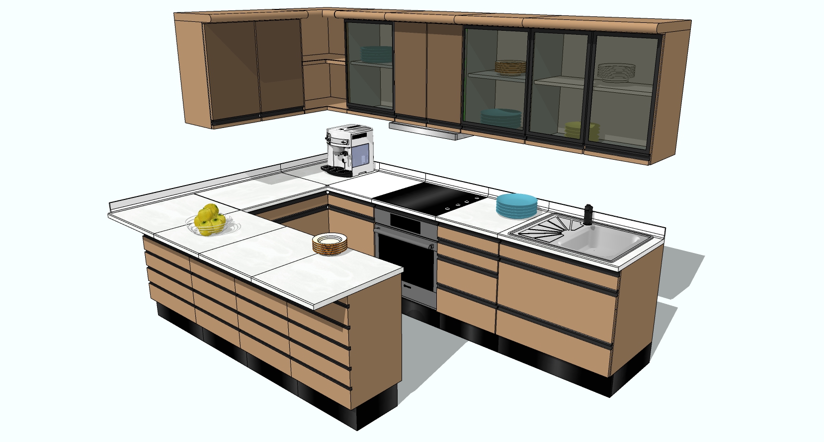 (12)现代简约厨房橱柜厨具水槽咖啡机果盘吊柜sketchup草图模型下载