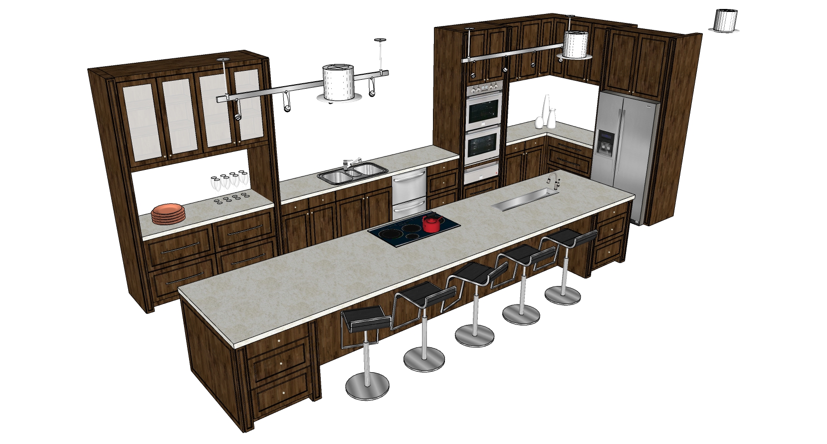 (6)现代简约开放式厨房橱柜吧台吧椅水槽烤箱冰箱吊灯中岛岛台操作台sketchup草图模型下载(1)