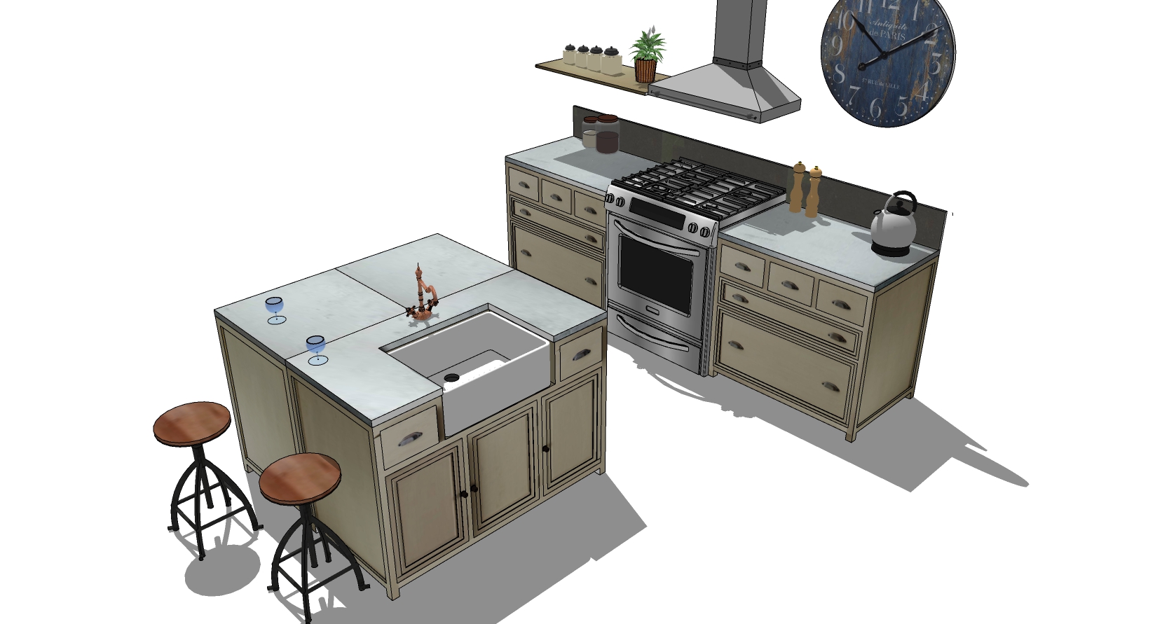 (7)工业风现代欧式橱柜燃气灶吸油烟机时钟吧台中岛岛台操作台sketchup草图模型下载(1)