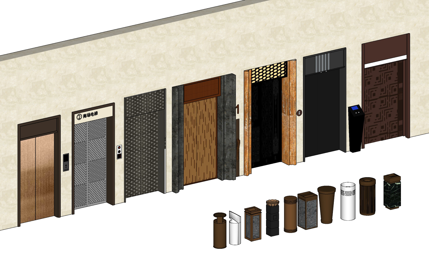 现代电梯门套按钮垃圾桶垃圾箱su草图模型下载(1)