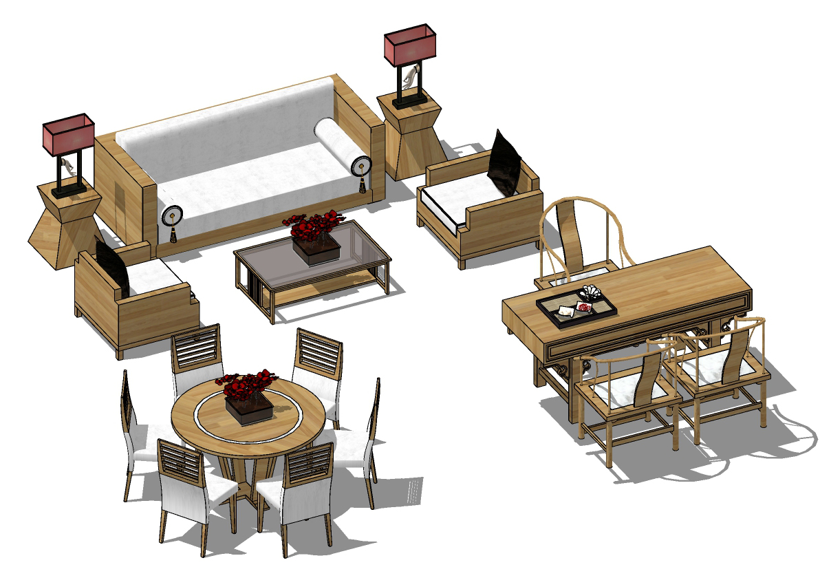 27新中式沙发茶几餐桌茶桌组合SU模型下载su草图模型下载(1)
