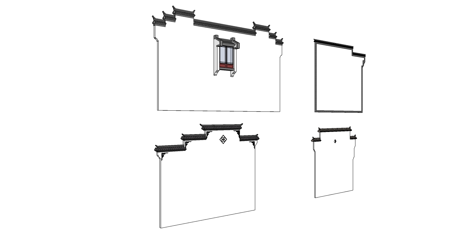 中式古典建筑徽派建筑屋檐墙檐口马头墙 (11)su草图模型下载