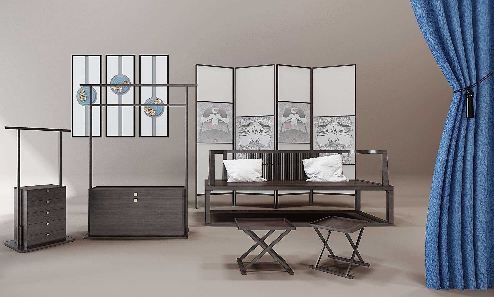 H09-0624新中式实木家具沙发茶几座椅衣架立体画屏风组合(1)
