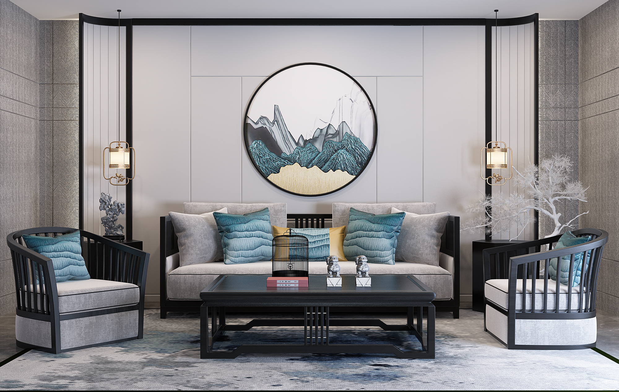 H06-0717新中式沙发茶几单人沙发圆形背景墙松树树枝小吊灯3d模型下载(1)