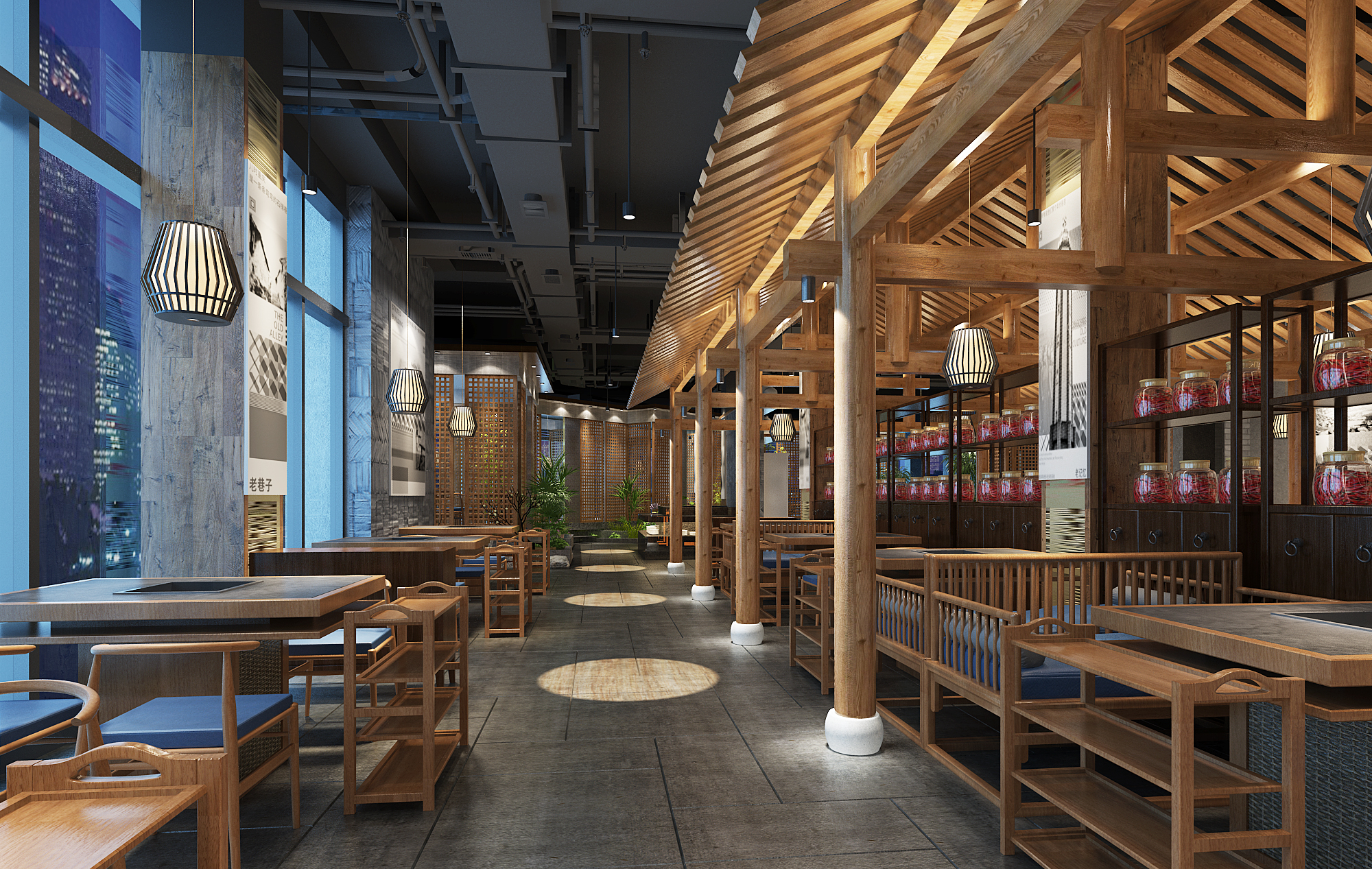 H14-0723新中式火锅店餐厅木梁架备餐柜3d模型下载(1)