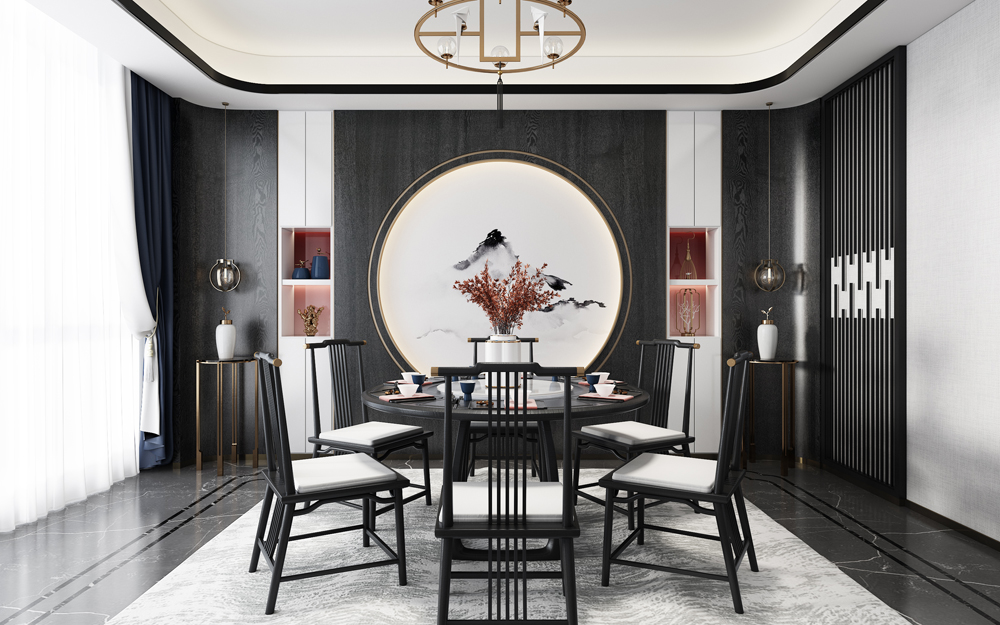 15新中式餐厅，圆形餐桌椅子3d模型下载(1)