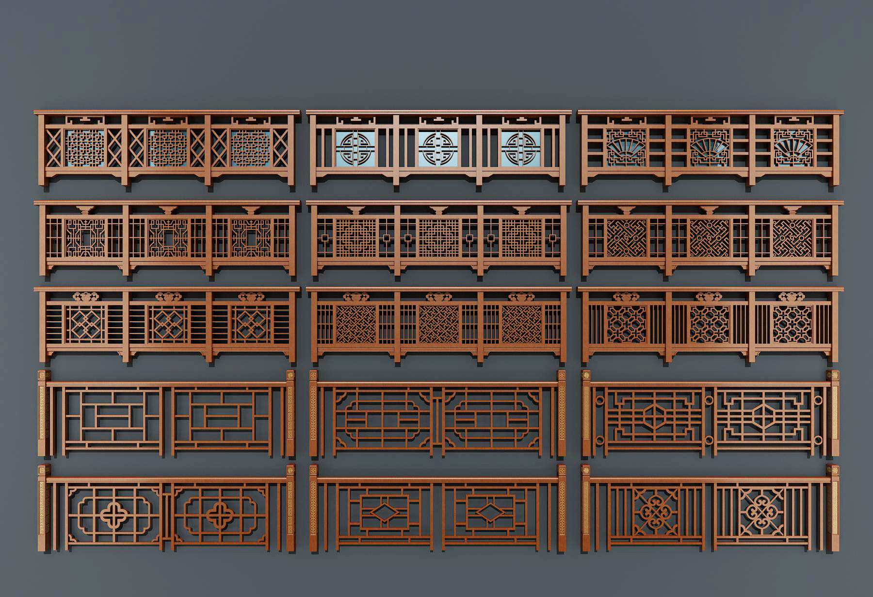 中式木栏杆扶手雕花，护栏3d模型下载