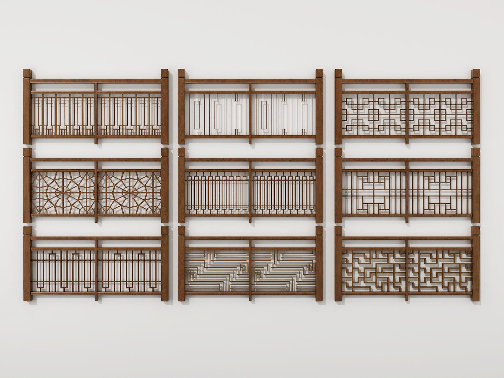 中式实木雕花栏杆，围栏，护栏，扶手，3d模型下载(1)